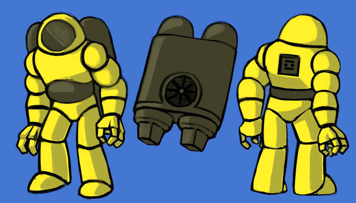 A front and back turnaround sketch for a scuba diver animatronic.