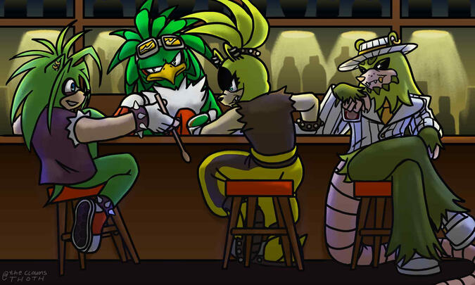 Sonic the Hedgehog characters Clutch, Surge, Manic, and Jet at a bar