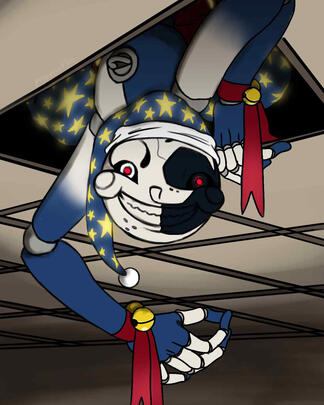 Moon from FNAF descending from an open ceiling tile.