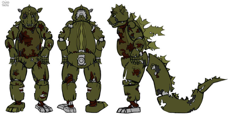 A turnaround of SpringGoji, a Godzilla animatronic