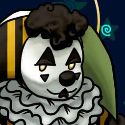 A clown looks at the viewer